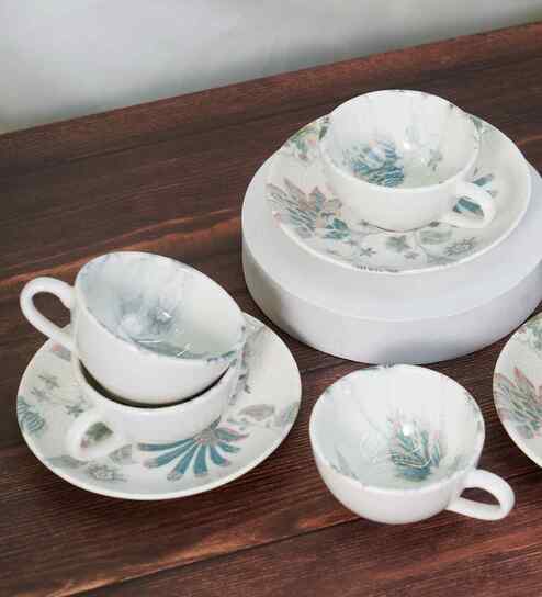 (Set of 12) Pixel- Jacobean Fine Porcelain Tea Cups & Saucer Set