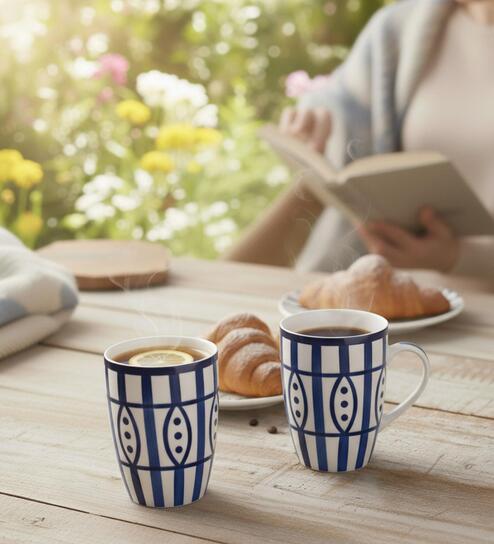 (Set of 2) 250 ml Porcelain Mug (Blue & White)
