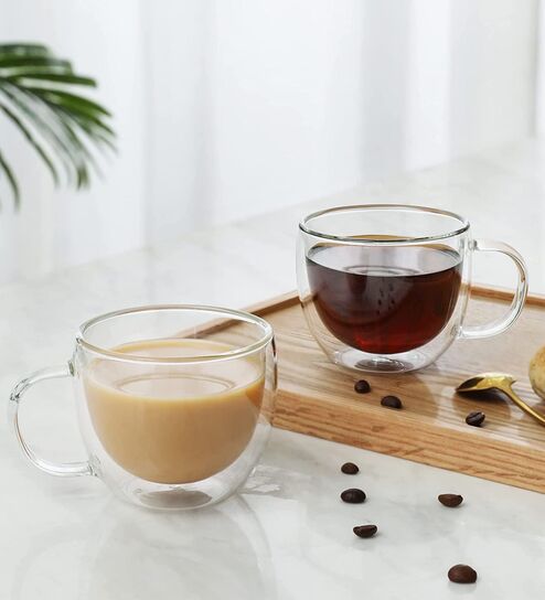 (Set of 2) 250ml Double Wall Insulated Glass Coffee Tumbler with Handle