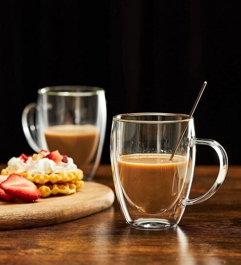 (Set of 2) 350ml Double Wall Insulated Glass Coffee Tumbler with Handle