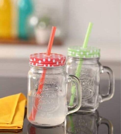 (Set of 2) 450ml Glass Mason Jar with Handle & Multi-Colour Air-Tight Lid with Straw (Transparent)