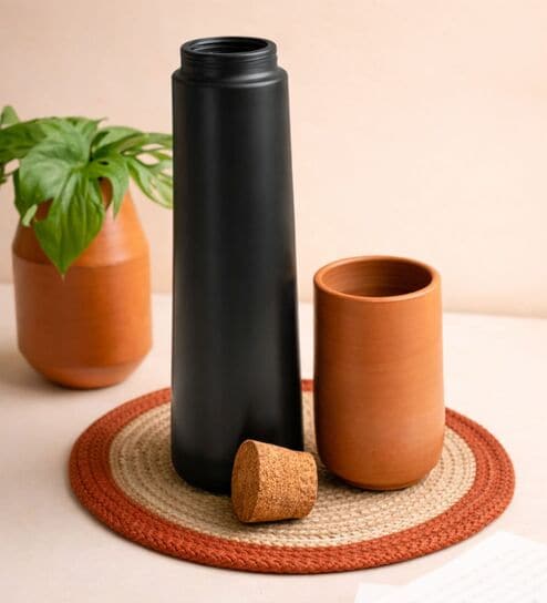 (Set Of 2) Black Terracota Straight Bottle With Tumbler