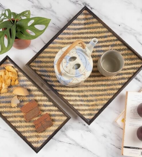 srjana (Set Of 2) Brown Bamboo Square Weaved Tray-picture-18