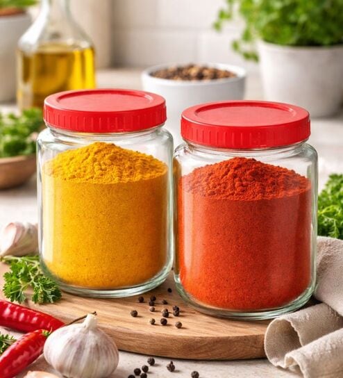 (Set of 2) Classic Collection 1 Ltr Round Shape Glass Storage Jars with Plastic Lid