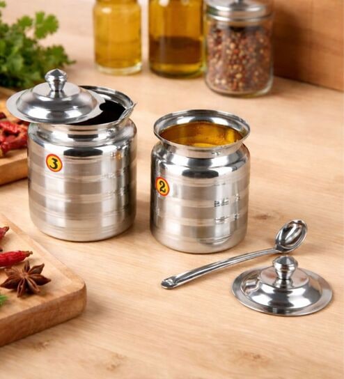 (Set of 2) Classic Collection 350ml & 500ml Stainless Steel Ghee Pot with Lid & Spoon