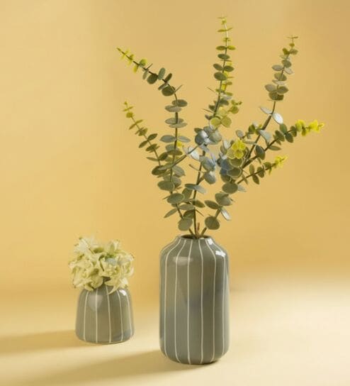 (Set Of 2) Grey Ceramic Striped Planter Pair