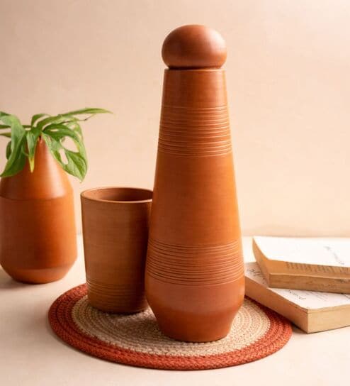 (Set Of 2) Mud Red Terracota Tapered  Bottle With Lid & Tumbler
