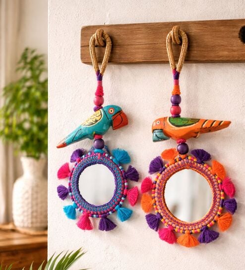 (Set Of 2) Multicolor Thread Thread & Bead  Tassel Hanging With Mirror
