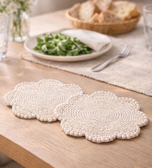 (Set Of 2) White Beaded Hand Coaster