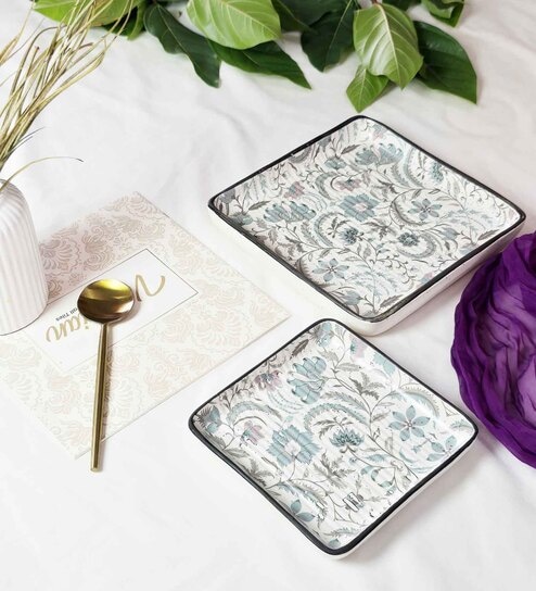 Bahar White & Blue Ceramic Floral (Set of 2)Appetizer Platter