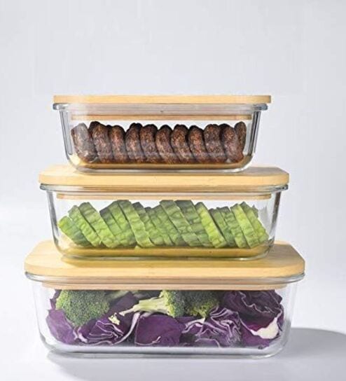 (Set of 3) Airtight Glass Container with Wooden Lid   Storage Jar (Transparent)