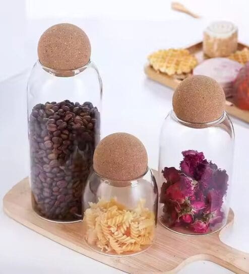 (Set of 3) Airtight Glass Storage Jar with Cork Ball Lid   Round Kitchen Container (Transparent)