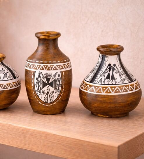 (Set Of 3) Brown Terracotta Hand-Painted Vase