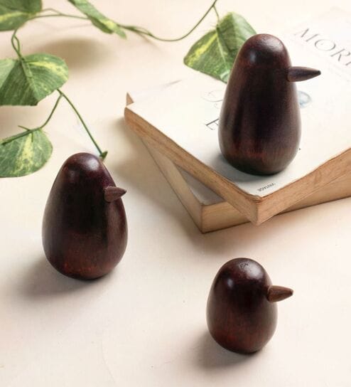 (Set Of 3) Brown Wooden Handcrafted Wooden Bird Decor