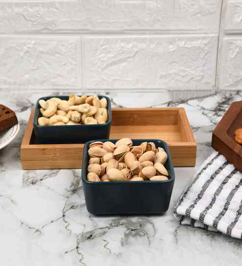 (Set of 3) Glossy Ceramic Bowls with Rectangular Serving Tray (Green)