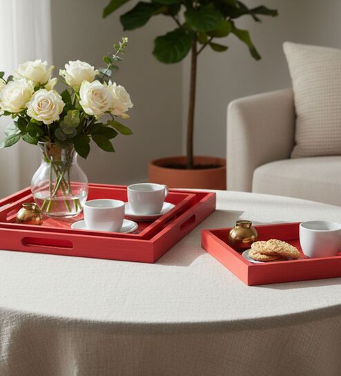 srjana (Set Of 3) Red Bamboo Handwoven Tray Set-picture-38