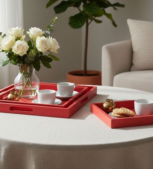 (Set Of 3) Red Bamboo Handwoven  Tray Set