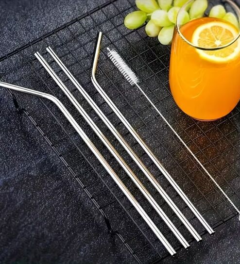 (Set of 4) Classic Collection Bent Design Stainless Steel Reusable Drinking Straws