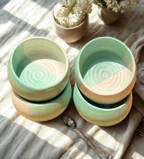 (Set of 4) Handcrafted Dual Tone 150ml Dinner Bowl (Green)