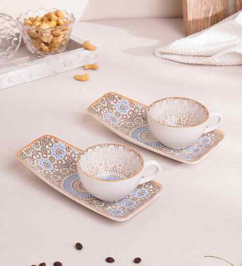 (Set of 4) Pixel- Morocco Fine Porcelain Coffee Mug with Snack Plate