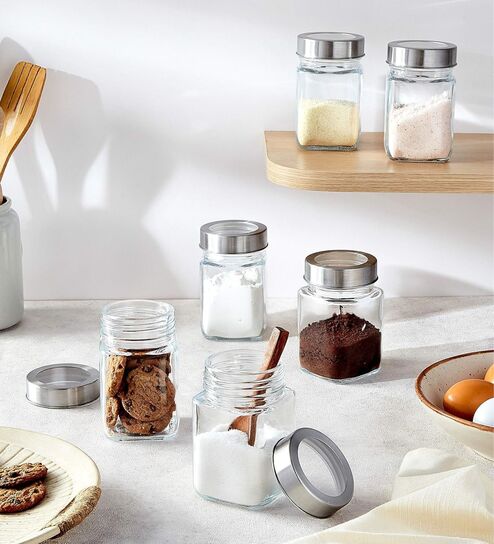 (Set of 4) Square Collection See Through Lid Glass Storage Jars