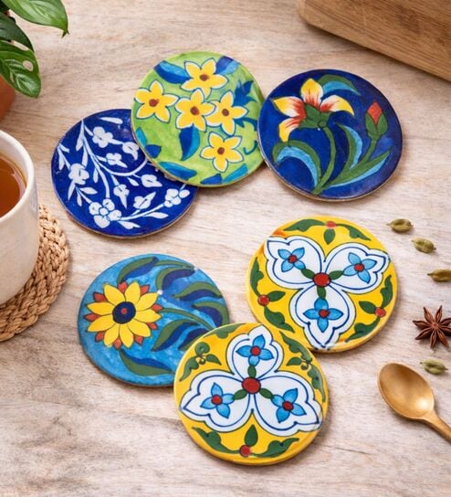 srjana (Set Of 5) Blue Clay Blue Pottery Coasters-picture-29