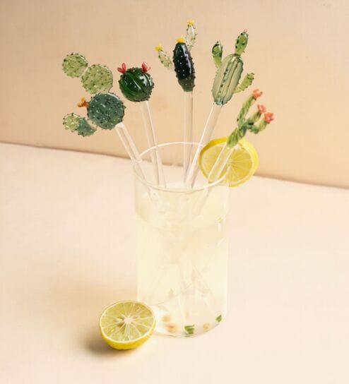 (Set Of 5) Green Glass Cactus Shaped Stirrers