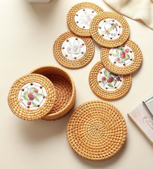 (Set of 6) 3.9 Inch Rattan Coasters with Storage Box (Brown)