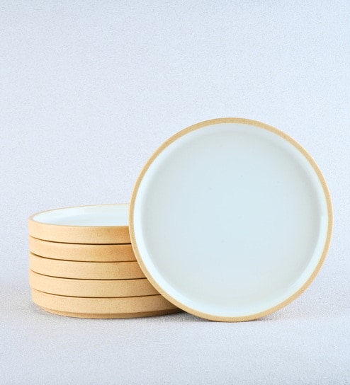 (Set Of 6) Beige & White Stoneware Full Plates