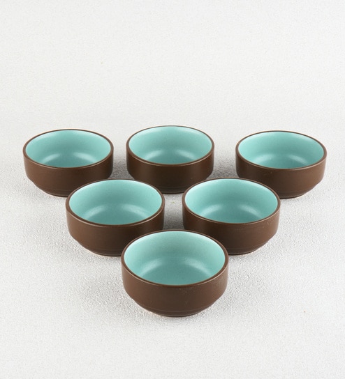 (Set Of 6) Brown & Blue Stoneware Small Bowl