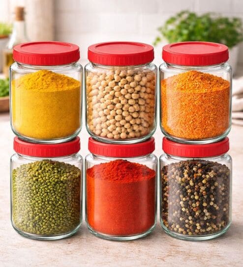 (Set of 6) Classic Collection 1 Ltr Round Shape Glass Storage Jars with Plastic Lid