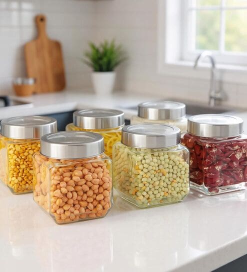 (Set of 6) Square Collection See Through Lid Glass Storage Jars