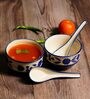 (Set of 2) 350ml Leafy Floral Ceramic Soup Bowl with Spoon (Blue)
