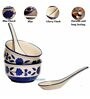 (Set of 2) 350ml Leafy Floral Ceramic Soup Bowl with Spoon (Blue)