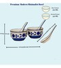 (Set of 2) 350ml Leafy Floral Ceramic Soup Bowl with Spoon (Blue)