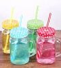 (Set of 2) 450ml Glass Mason Jar with Handle & Multi-Colour Air-Tight Lid with Straw (Transparent)