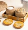 (Set Of 2) Brown Wooden Handcrafted Jar Pair With Tray