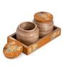 (Set Of 2) Brown Wooden Handcrafted Jar Pair With Tray
