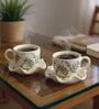 (Set of 2) Christmas Berry Ceramic Tea Cup & Saucer (Green & White)