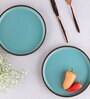 (Set Of 6) Brown & Blue Stoneware Quarter Plates