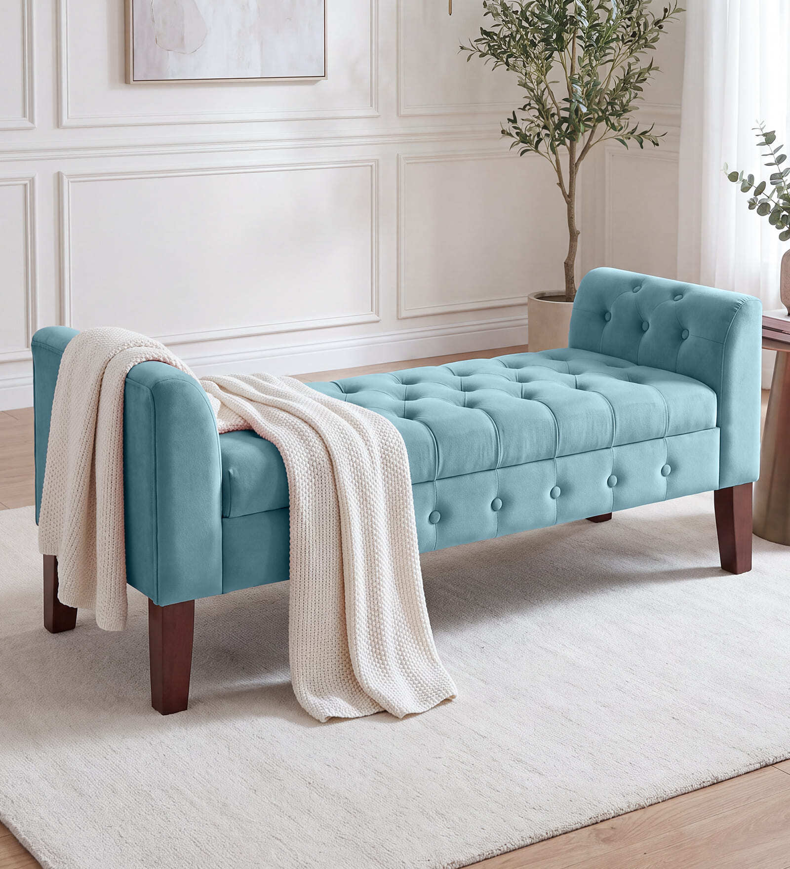 Tufted Velvet Fabric Storage Recamier In Teal Blue Colour Tufted Velvet Fabric Storage Recamier In Teal Blue Colour