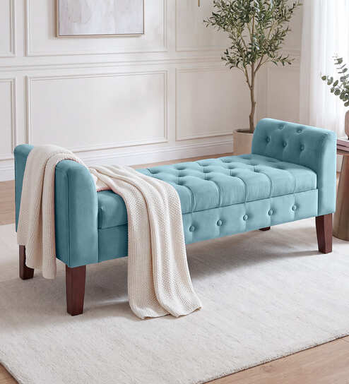  Tufted Velvet Fabric Storage Recamier In Teal Blue Colour