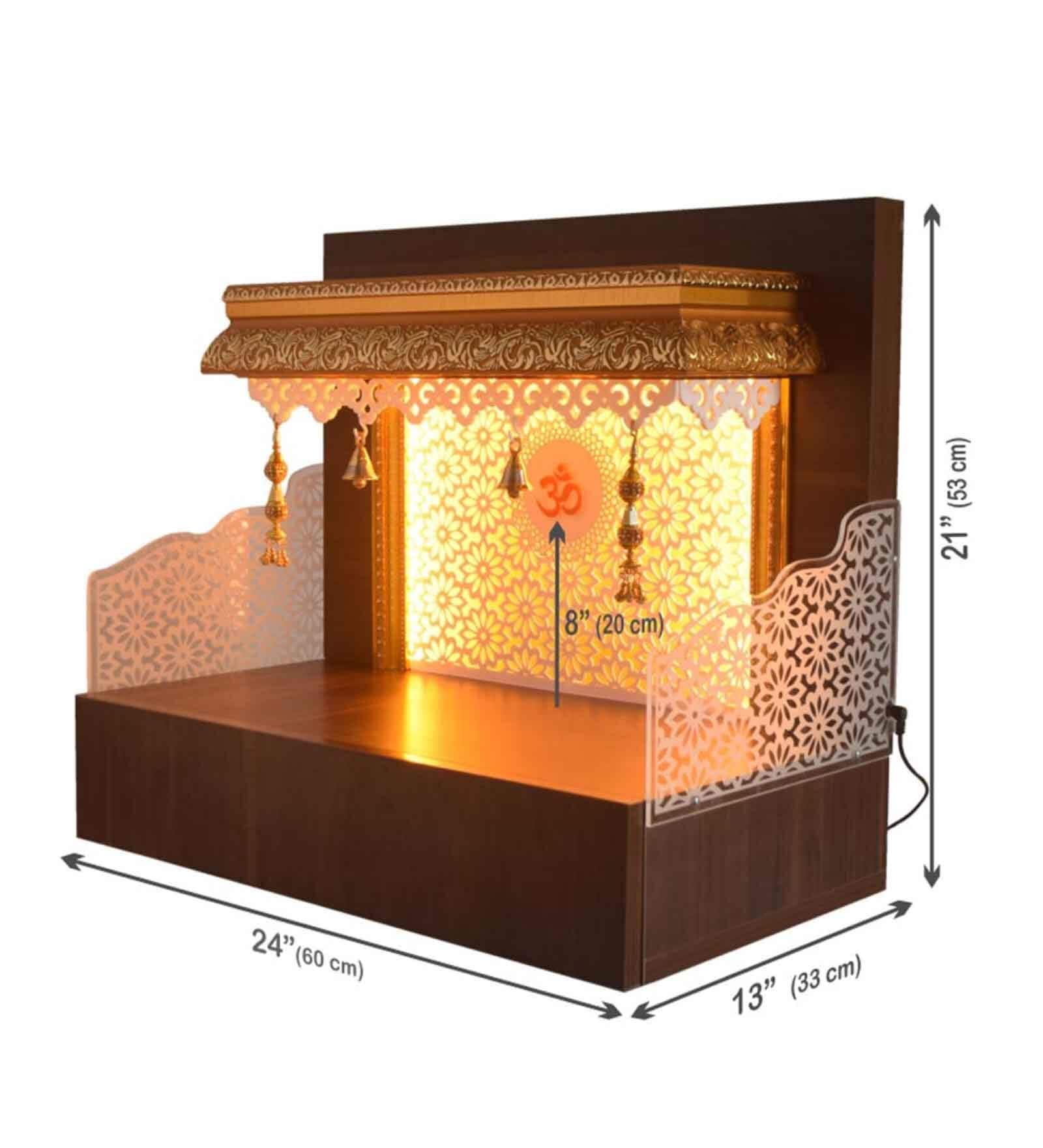 The Mandir Store Feet Madhusudan Walnut Finish Wooden LED Mandir With Storage