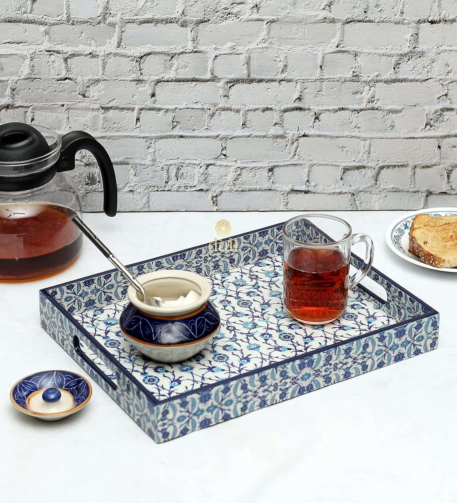 Blue Engineered Wood Rectangle Serving Tray