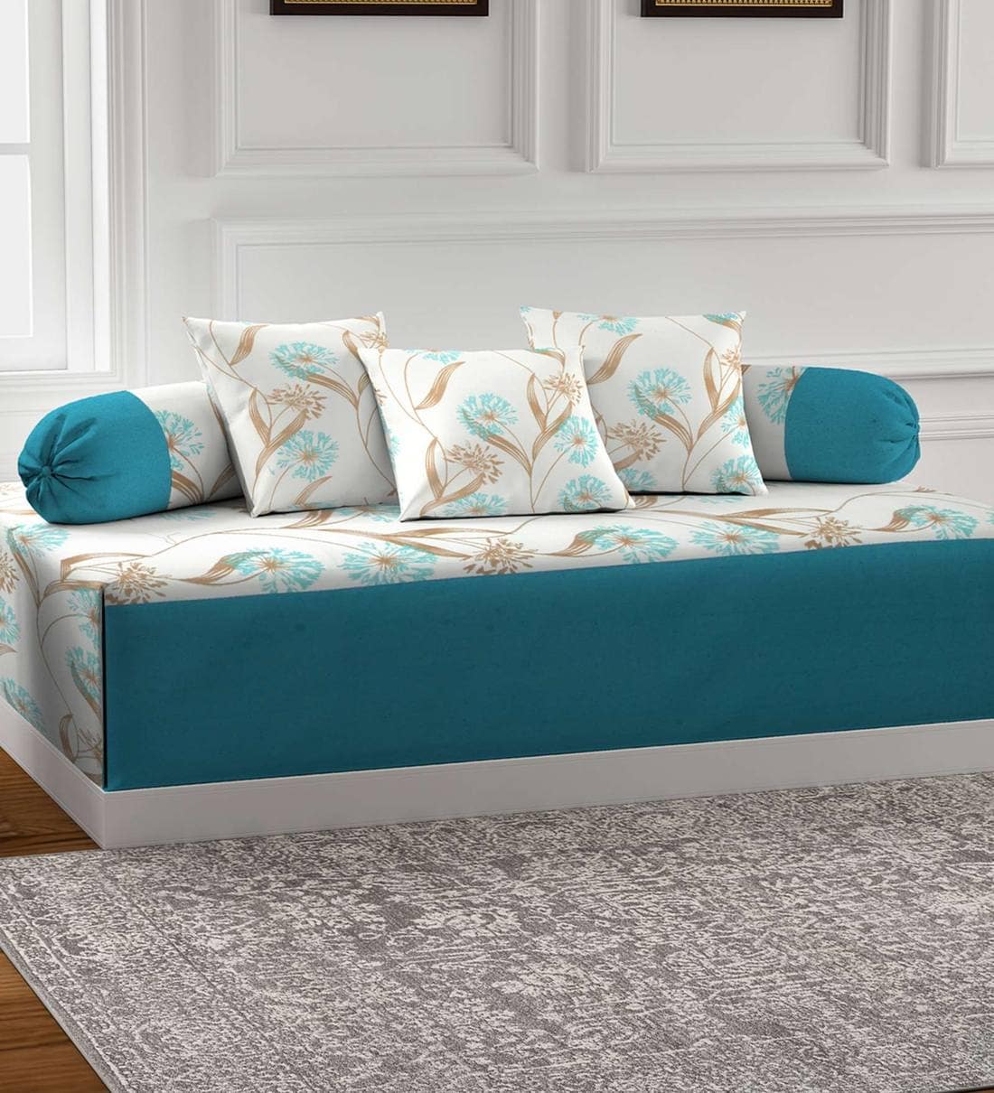 Buy Blue 100 TC 100 Cotton 6 Piece Diwan Set by Soumya Online Diwan