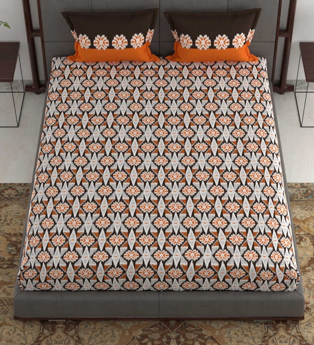 Buy Orange Abstract 120 TC Cotton 1 Double Bedsheet with 2 Pillow