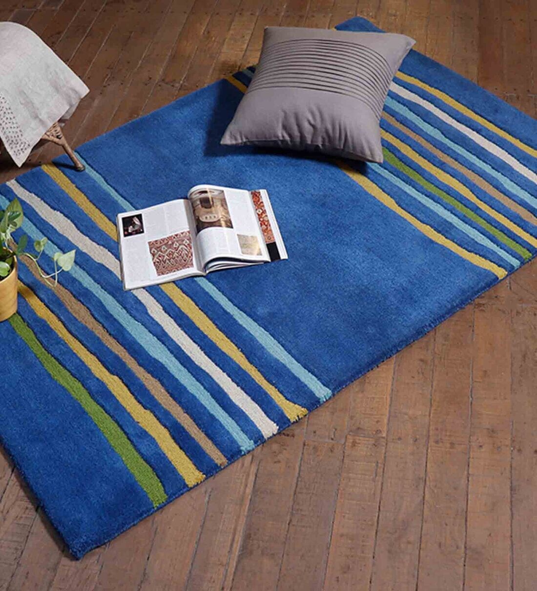 Buy Blue Striped 100 Wool 4 ft x 6 ft Hand Tufted Carpet by Zeba at 35