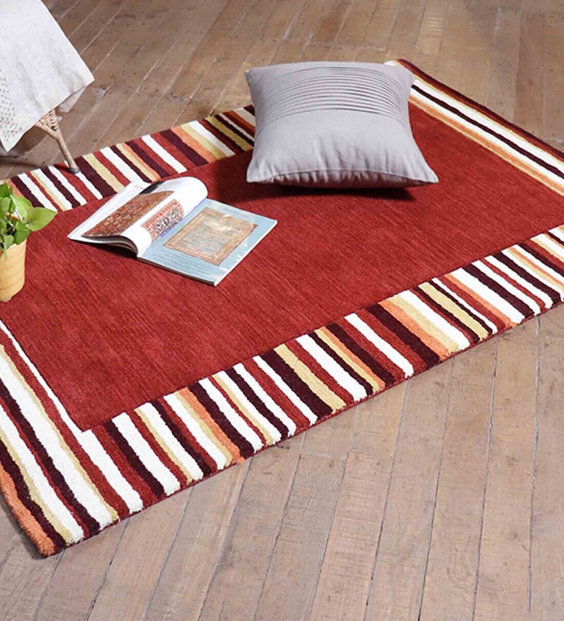 Buy Red 100 Wool Striped 4 X 6 Feet Hand Tufted Carpet by Zeba Online