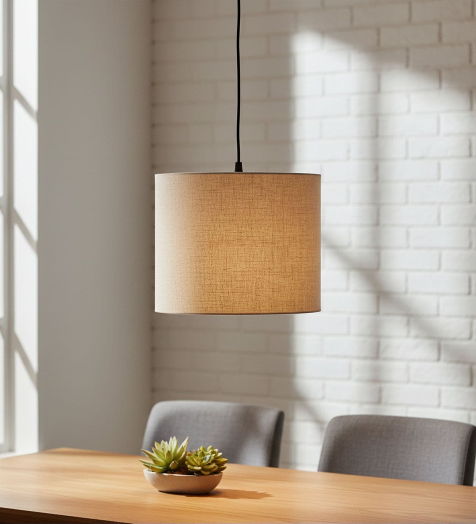 10-Inch Beige Fabric Drum Pendant Light, Modern Hanging Ceiling Lamp