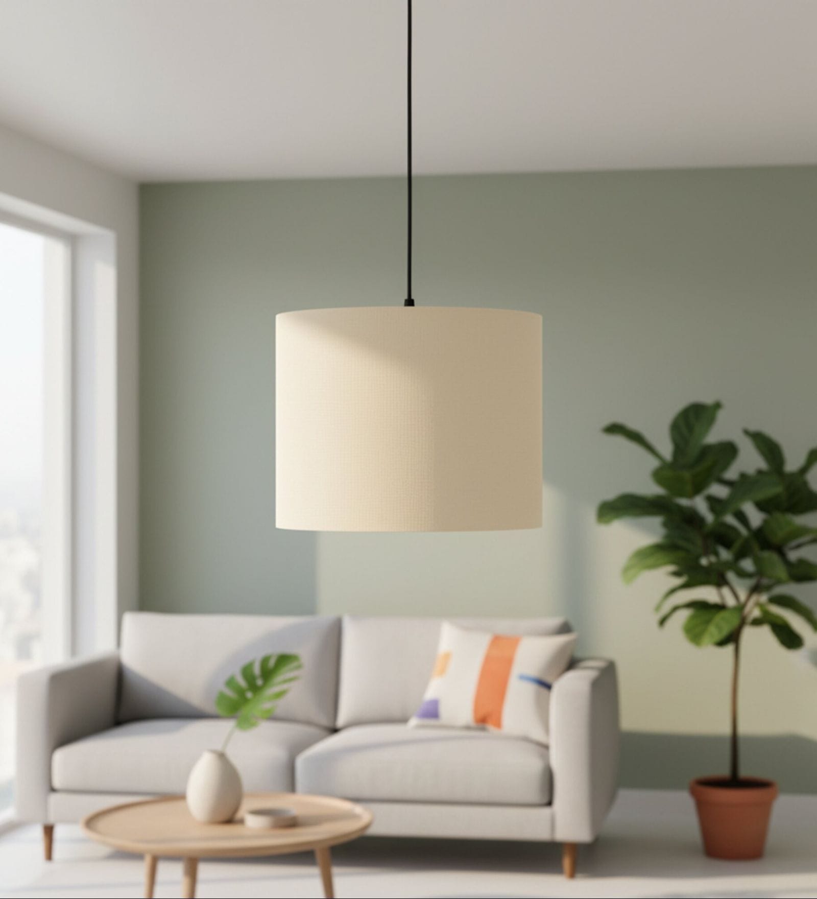 10-Inch Cream Fabric Drum Pendant Light, Modern Hanging Ceiling Lamp